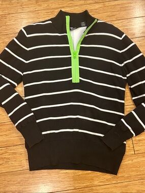 Women's Black & White Striped Golfcore Zip Countryclub Sweater w/Neon Green Trim